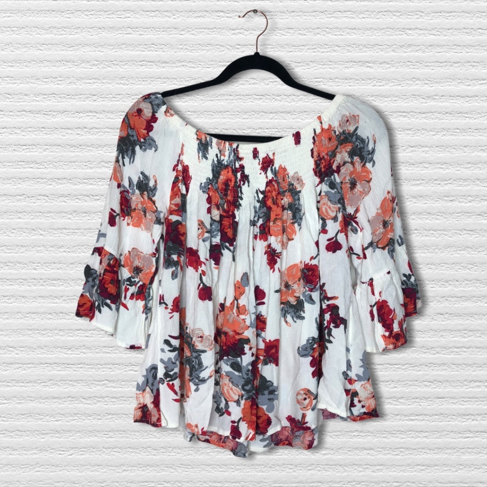 Altar'd State Floral Ruched Linen Off Shoulder Blouse Small